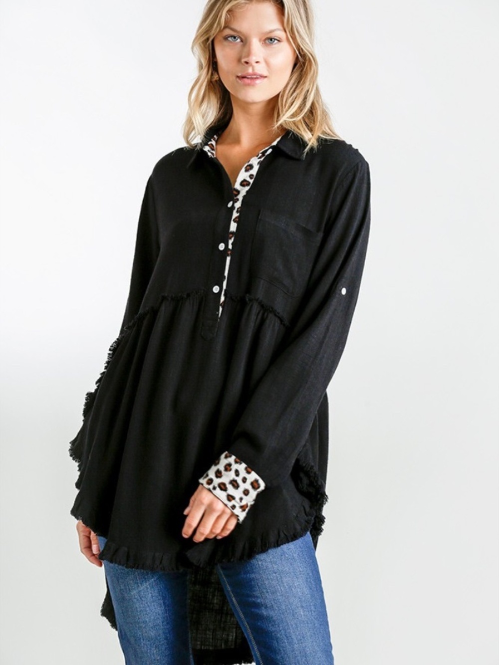Umgee Black Boho Tunic Top | NWT | Leopard Trim | Hi Low | Sizes S M L